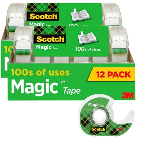 Scotch Magic Tape, 12 Rolls (2 x 6-Packs) Each with Dispenser, Invisible Matte Finish, Permanent Adhesive, 3/4 in x 350 in per Roll, Ideal for Home, School and Office