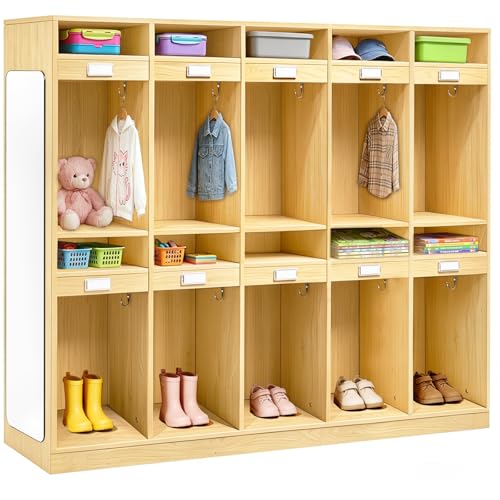 RALOZZD 20-Section Classroom Coat Locker with Layered Storage, Shatterproof Locker Mirror, Daycare Cubbies with 10 Hooks & Acrylic Name Plates, Kindergarten Lockers for School, Nursery, Home