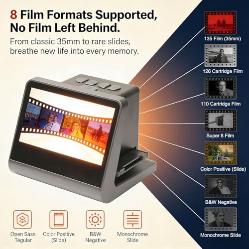 Film and Slide Scanner with Large 5 Inch LCD Screen, 24MP Digital Film Scanner Converts Color Black White 35mm 135 110 126KPK Film