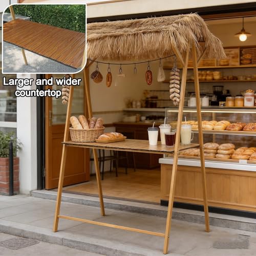 bacedifo Portable Outdoor Market Stall with Faux Thatched Canopy, Detachable Markets Stand, Roll-up Tabletop, Triangular Structure, Metal Frame, Product Display Rack, Height 200 Cm