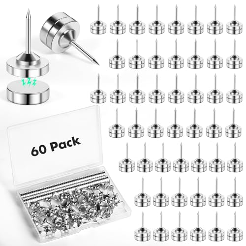 GOOLADA 60 Sets Magnetic Push Pins, Silver Magnetic Tacks, Flat Thumbtacks for Hanging, Magnetic Poster Hanger, Silver Thumb Tacks for Corkboard Wall Bulletin Board Cubicle