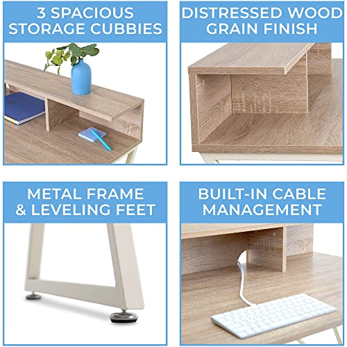 Stand Steady Joy Desk | Modern Stand Up Workstation with Storage Cubbies | Pretty Standing Desk with Large Desktop | Multifunctional Table for Home & Office (Maple / 48 x 42)