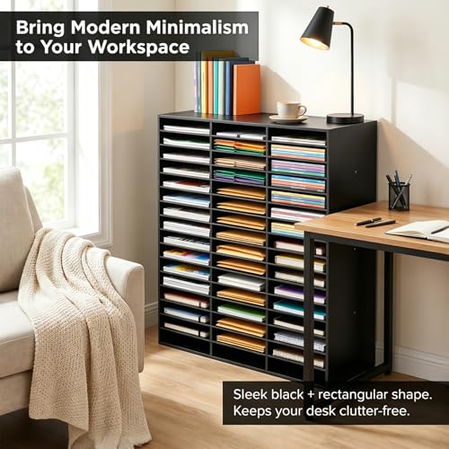 Literature Organizers | 48 Compartment Medium Oak Economical Organization | Wood Literature Sorter | Office Mailbox with Adjustable Shelves | Literature Storage Cabinet Classroom Keepers | Black