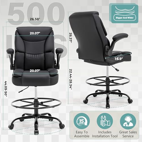 Ergonomic Drafting Chair, Tall Office Chair for Standing Desk, High Back Standing Desk Chair with Flip-Up Armrest, Adjustable Height&Foot Ring, Executive Extended Height Office Chairs,PU Leather Black