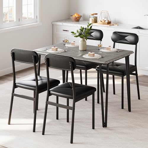 TrailBlaze Space-Saving 4-Piece Office Desk and Chair Set – Industrial Style, Sturdy Metal Frame, Wooden Tabletop, PU Leather Seats – Ideal for Small Workspaces, Dining Rooms, Apartments – Brown/Grey