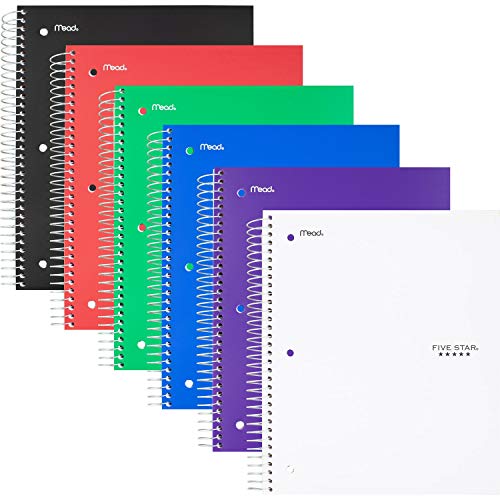 Five Star Spiral Notebooks, 3 Subject, Wide Ruled Paper, 150 Sheets, 10-1/2" x 8", Assorted Colors, 6 Pack (38406)