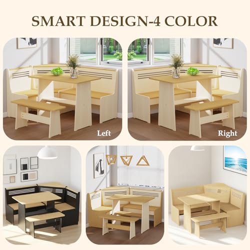 KYLE & KAY Breakfast Nook, Kitchen Nook Corner Table Set with USB, Bench and Storage Shelf, Dining Room Table and Chairs for 4-6, Solid Wood (White and Natural)