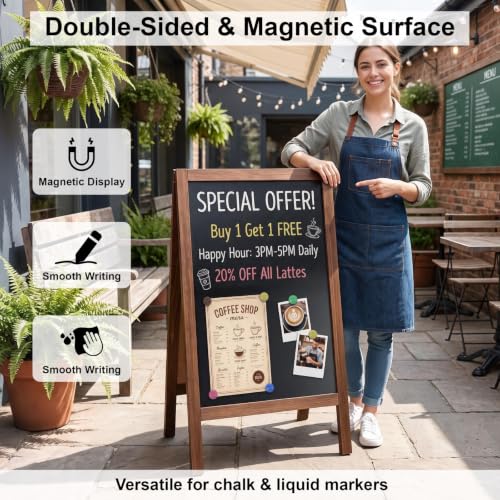 A Frame Chalkboard Sign 40"x20" Magnetic Double-Sided Sandwich Board, Wooden Chalk Board Easel Sign Outdoor, Sidewalk Standing Menu Blackboard with Starter Kit for Restaurant Wedding Business