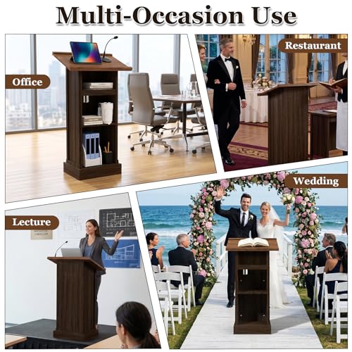 Zevemomo Wooden Podium Stand with Storage, Cup Holder, Brown