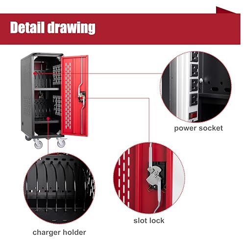 16-Bay Mobile Charging Cart, Fits Laptops & Tablets Up to 15.6", Locking Doors, Ventilated Structure, Built-in Power Strip with Locking Casters, Ideal for School Office Use, Easy Assembly, Black