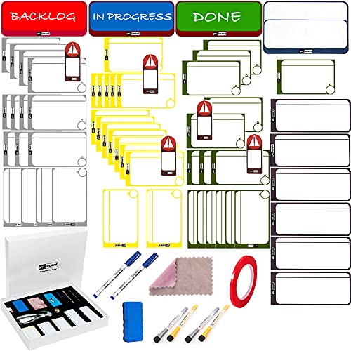 PMXBOARD Family Kanban Set. Full Kanban Set and Scrum Set for Families, Full Magnetic Board, Magnetic Cards, Accessory Set, 75 Pieces of Agile Set. Suitable for Kanban Board, Scrum Board, Chore Board