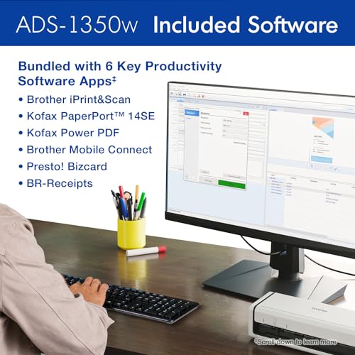 Brother ADS-1350W Wireless Compact Desktop Scanner | Scan Speeds of Up to 30ppm | Single Pass Double-Sided Scanning