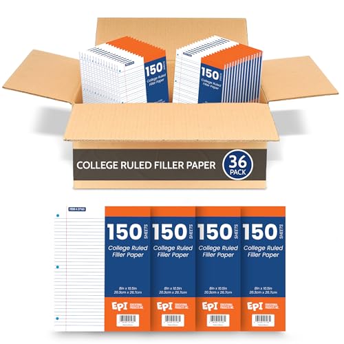 EPI Filler Paper | College Ruled | Loose Leaf, 3-Hole Punched, 10.5 x 8 in, 150 Sheets | School, Office, Notes, Binder Refill - 36 Pack