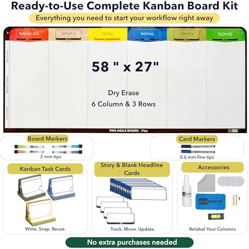 PMXBOARD 6-Column Magnetic Kanban Board Kit – Board + 106 Magnetic Cards | Flex Dry Erase Scrum & Project Planning Whiteboard