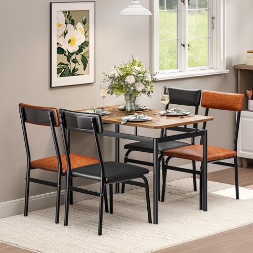 Garvee 5 Piece Dining Set for 4, Wooden Table with PU Chairs, Metal Frame
