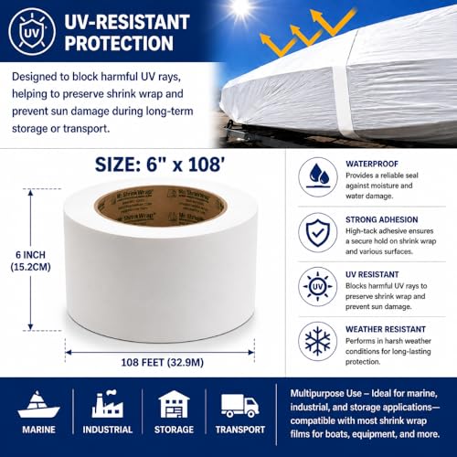 Mr. Shrinkwrap Shrink Wrap Film UV Preservation Tape, Clear Polyethylene with Synthetic Rubber Clear Adhesive Backing, Roll of 6” Wide x 108’ Length, White