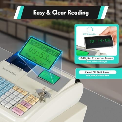 Electronic Cash Register, 48 Keys 35W Cash Register for Small Businesses with with 2.4in/s Printing Speed Cash Management System for Restaurant Supermarket Retail 8-Digits LED Display White