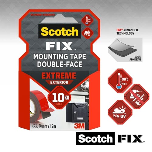 Scotch-Fix Double-Sided Extreme Exterior Mounting Tape - 1 Roll (19mm x 5m) - for Outdoor Extreme Use, Weather Resistant, Permanent Tape, 100% Adhesive, 3M Advanced Technology - Holds up to 13kg