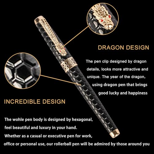 Urhomefull Stunning Luxury Rollerball Pen with 24K Gold Trim,Switzerland Tip with Black Ink Refills, Perfect Roller Ponit Pen Gift Set for Men Women, Fancy Writing Set for Business,Black