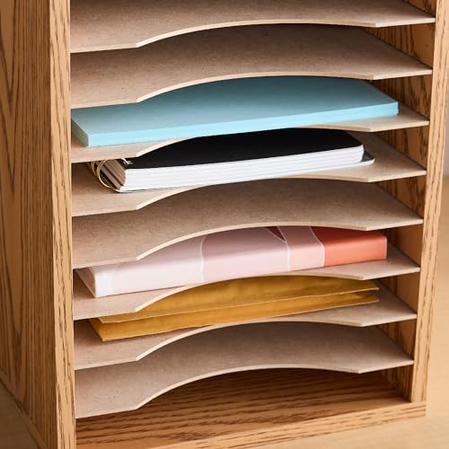Safco Vertical Desktop Sorter, Wooden Paper Organizer for Home Office and Classroom, 11 Adjustable, Letter-Size Compartments, Medium Oak