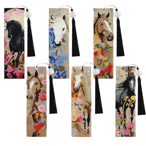 6 PCS Floral Horses 5D DIY Diamond Painting Bookmarks Kits with Tassels