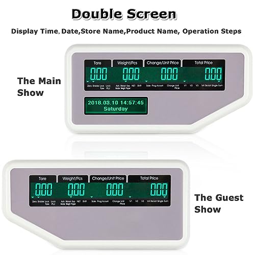 OGMOYT Electronics Label Printing Scale, Commercial Digital Price Label Printing Scale, Cash Register with Thermal Label Printer, Double-Sided LCD Display and Vertical Rod