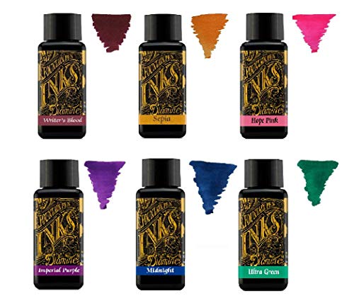 Diamine Fountain Pen Ink 30ml - Color Wheel - 6 x Bottles - Writers Blood, Sepia, Imperial Purple, Midnight, Hope Pink, Ultra Green