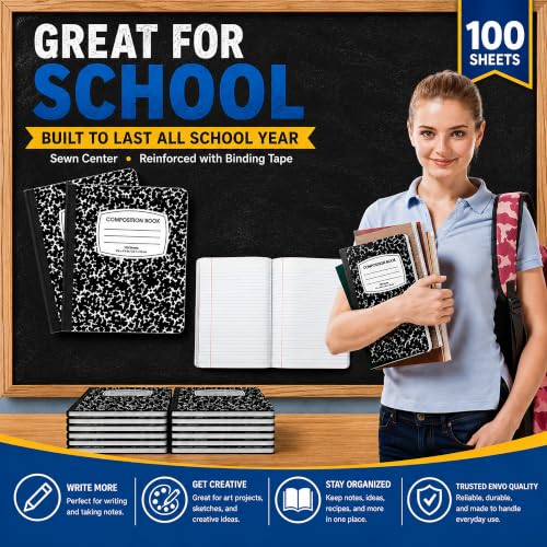 ENVO Composition Notebooks, College Ruled Composition Notebook, Black Marble Covers Composition Notebook, 100 sheets, Bulk (48, College Ruled)