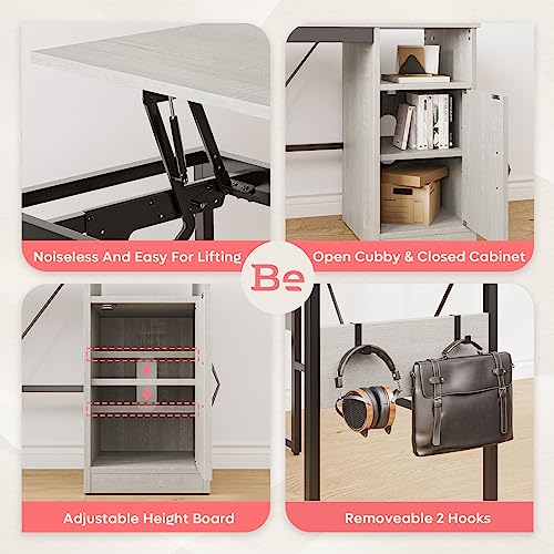 Bestier Versatile 60 Inch L-Shaped Standing Desk, Lift Top Corner Desk Extending to 95 Inches with Storage Cabinet and Hooks for Home Office, Washed White