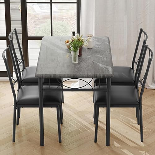 Attracoast 5-Piece Dining Table Set for 4, Retro Wood-Look Kitchen Table with 4 Upholstered Chairs, Space-Saving Dining Set for Small Space/Apartment/Kitchen,Grey.