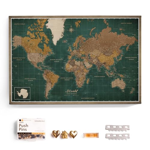 Canvas World Map with Cork Pin Board - English Lettering - Decorative Wall Decoration for All Rooms - Canvas Pictures with World Map Motif (90x60 cm, Pattern 4)