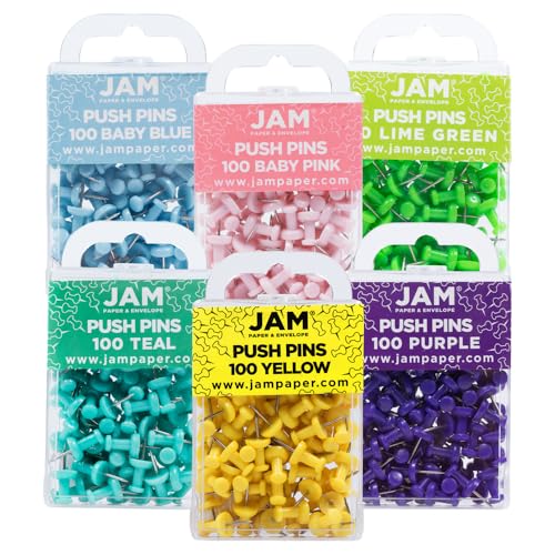 JAM PAPER Colorful Push Pins - Assorted Spring Colors Thumb Tacks - 600/Pack
