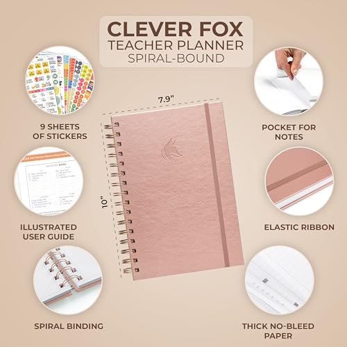 Clever Fox Teacher Planner Spiral, Undated Gradebook Homeschool Rose Gold