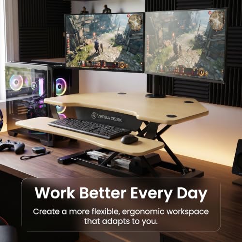 VERSADESK PowerPro 36 Inch Electric Corner Standing Desk Converter, Motorized Height Adjustable Sit-Stand Desk Riser, Dual Monitor & Laptop Workstation with Keyboard Tray, Maple