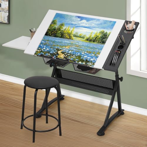 MoNiBloom Art Deco Drafting Table, Height-Adjustable, Tiltable Tabletop, Stool for Reading Writing Painting, Homeschooling Desk for Children with 2 Storage Drawers