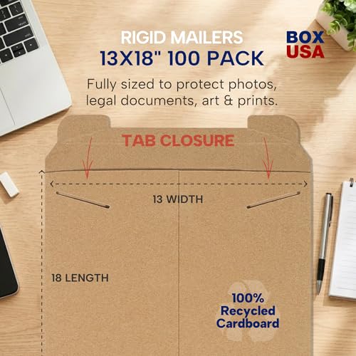 BOX USA Rigid Mailers 13" x 18" (100-Pack) - Cardboard Mailer Envelopes for Posters, Photos, Presentation Materials - Stay Flat