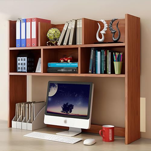 CATOPAT Wooden Desk Hutch Organizer with Large Storage Space for College Dorm Home Office Supplies Black White Computer Desktop Accessories,Reddish Brown-Small