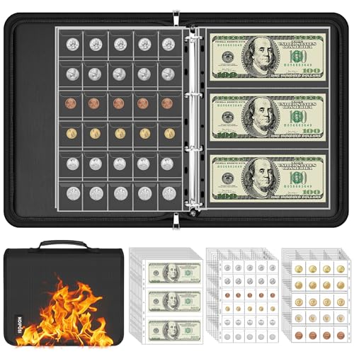Fireproof 400-Pocket Coin Collection Album & 36 Paper Currency Book Sleeves