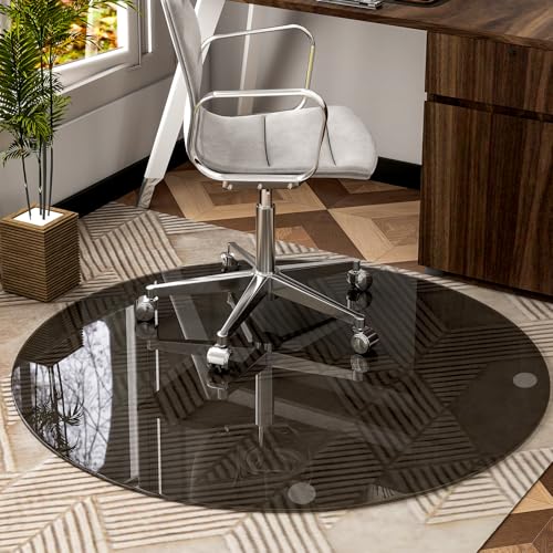 55" x 55" Round Tempered Glass Chair Mat for Carpet & Hardwood, Heavy-Duty Glass Floor Mat for Office Chair, Durable Glass Desk Mat for Home and Office, Grey