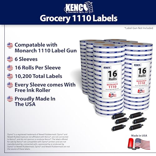 Labels by Kenco to Fit Monarch 1110 Price Gun – Made in The USA -Ink Rollers Included, Choose Your Color and Quantity (Grocery, 6 Sleeves 102,000 Labels)