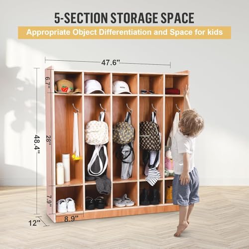 5-Section Classroom Coat Locker with 10 Small Cubbies ,Heavy Duty Storage Organizer with 5 Hooks, 2 Storage Boxes & 4 Hidden Wheels - Wooden Cubby Cabinet for School, Kindergarten, Daycare or Home Us