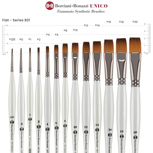 Borciani e Bonazzi Unico Fiamatto Synthetic Series 821 Paint Brush, Flat Size 16 - for Acrylic and Watercolor Painting - Ergonomic Handle, Animal-Friendly, Brass Ferrule, Handcrafted in Italy