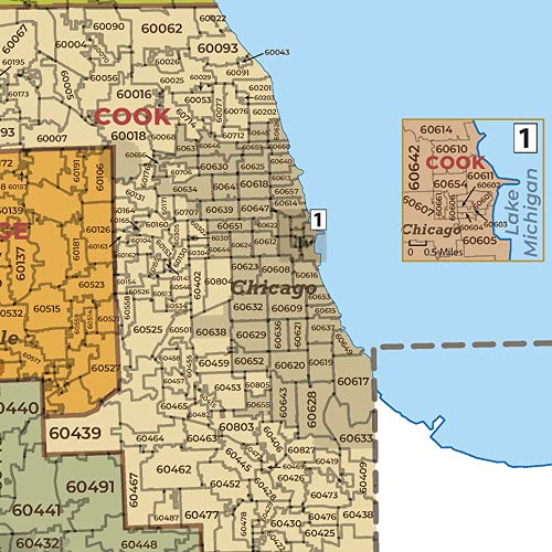 Illinois ZIP Code Map with Counties - Standard - 36" x 48.5" Laminated