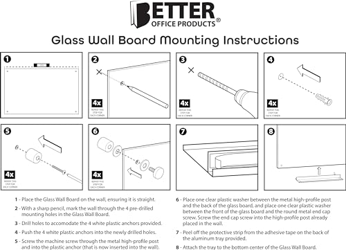 Real Glass Dry Erase Monthly Calendar, Extra Large 24" x 36", Tempered Glass Surface, Frameless Wall Mount, with 4 Assorted Color Markers and Eraser, by Better Office Products (Jet Black/Gold Print)