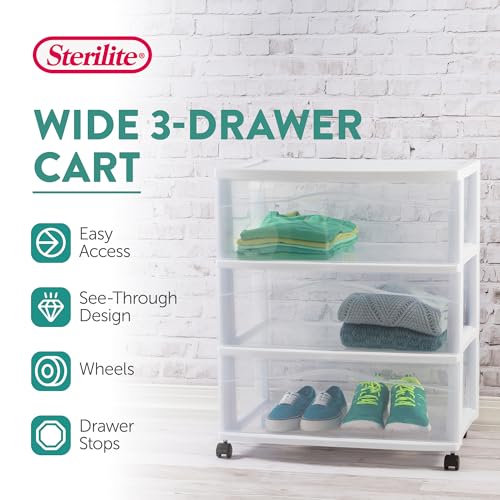 Sterilite Wide 3 Drawer Storage Cart Plastic Rolling Organizer, White Frame