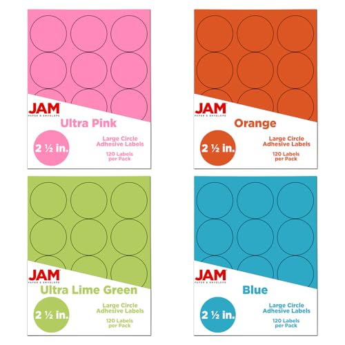 JAM PAPER Circle Label Sticker Seals - 2 1/2 Inch Diameter - Assorted Fashion Colors - 4 Packs of 120 Colorful Labels - 480 Circular Labels Total