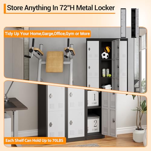 IDEALHOUSE Metal Locker, Metal Storage Cabinet with Shelves and 4 Doors, Perfect for Employees and Students, Fits Schools, Garages, Offices, Gyms, and Homes, Easy Assembly, Grey and Black