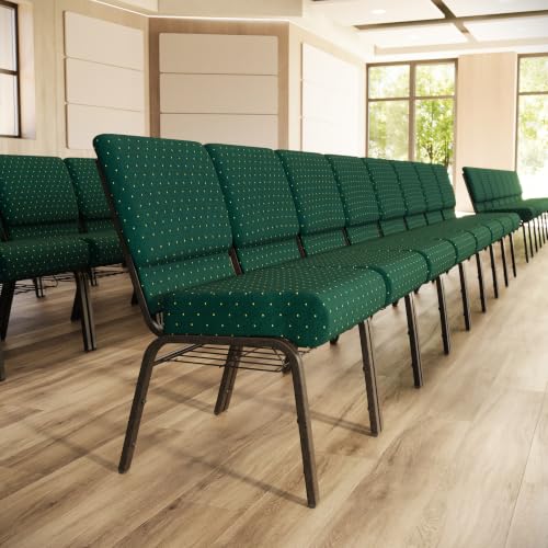 Flash Furniture HERCULES Series 21''W Church Chair in Hunter Green Dot Patterned Fabric with Book Rack - Gold Vein Frame