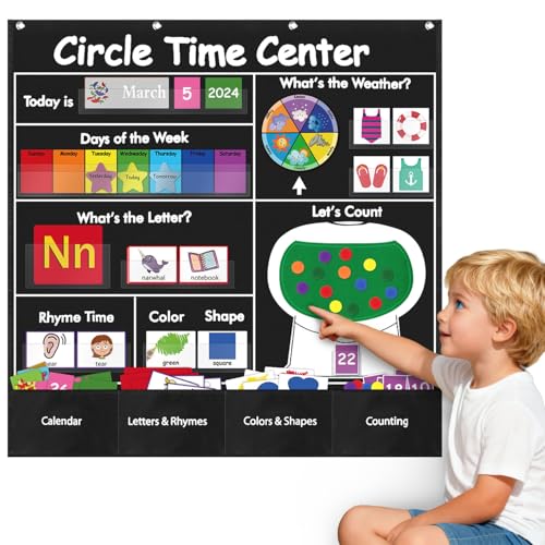 Boczif Circle Time Learning Center Pocket Chart, Classroom Calendar(Black)