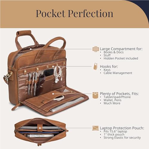 Luxorro Full-Grain Leather Briefcases for Men, Fits 15.6" Laptops, Brown Leather Laptop Briefcase For Men, Leather Computer Bag